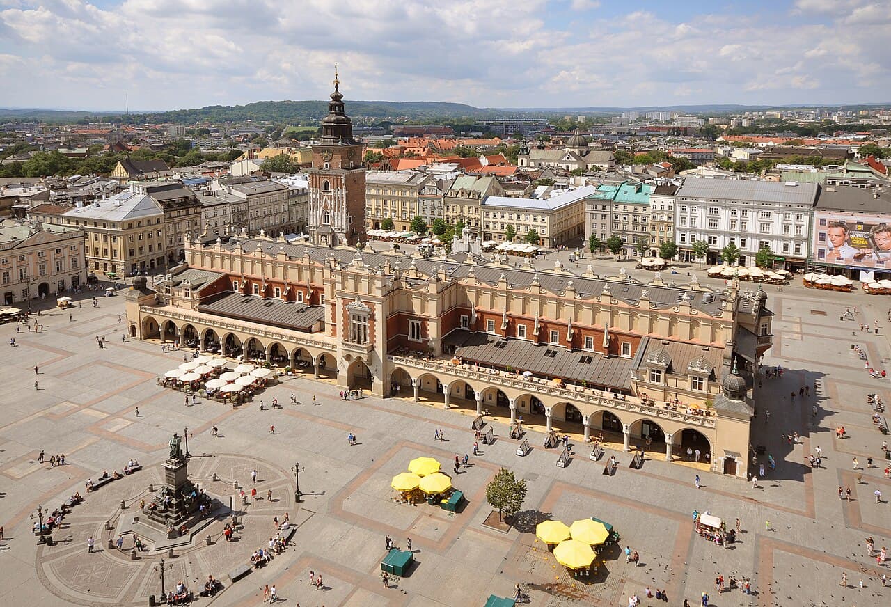 Aerial view of Kraków's Main Market Square and the Cloth Hall