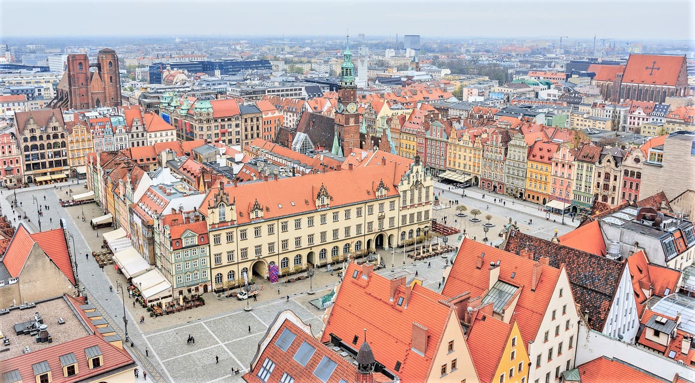Aerial view of Wrocław's colourful Market Square