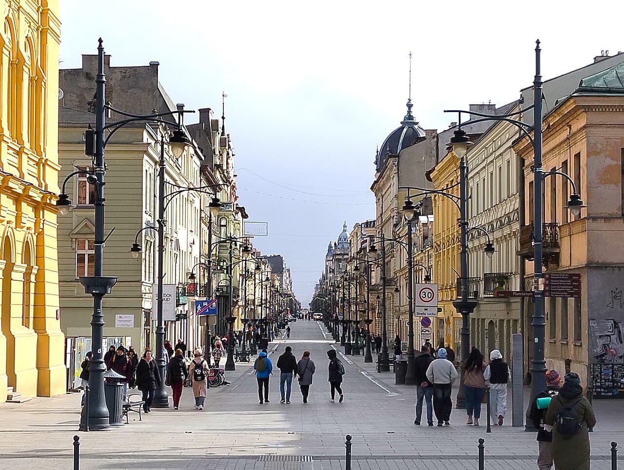 The long, pedestrianised Piotrkowska Street in Łódź, lined with 19th-century tenement houses